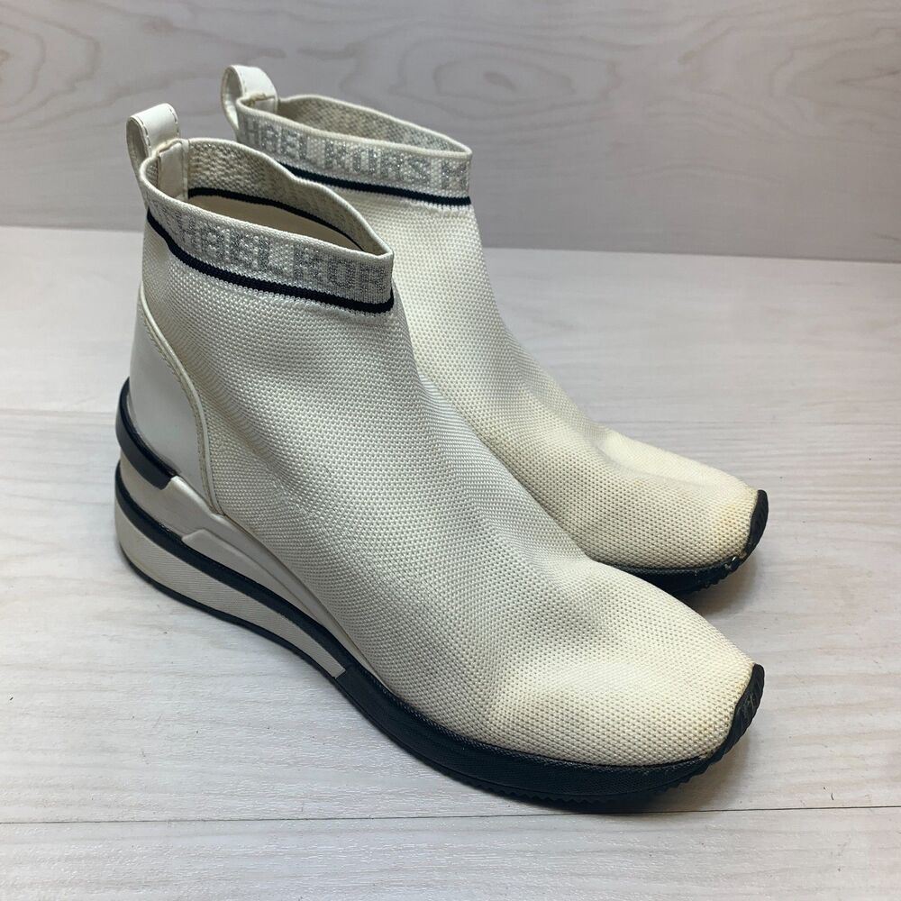 Michael Kors Skyler High Top Sock Sneakers Womens 7 White Knit Wedge Heel Sporty